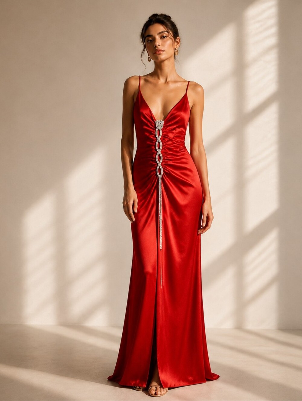 Vintage 90s Red Maxi Prom Dress Sparkle Y2K Lace Up Ruched Glamoratti Size Large
